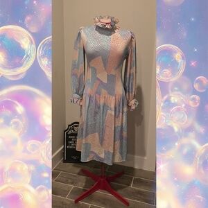 Whimsical 80s Pastel Multicolor Long-Sleeve Dress